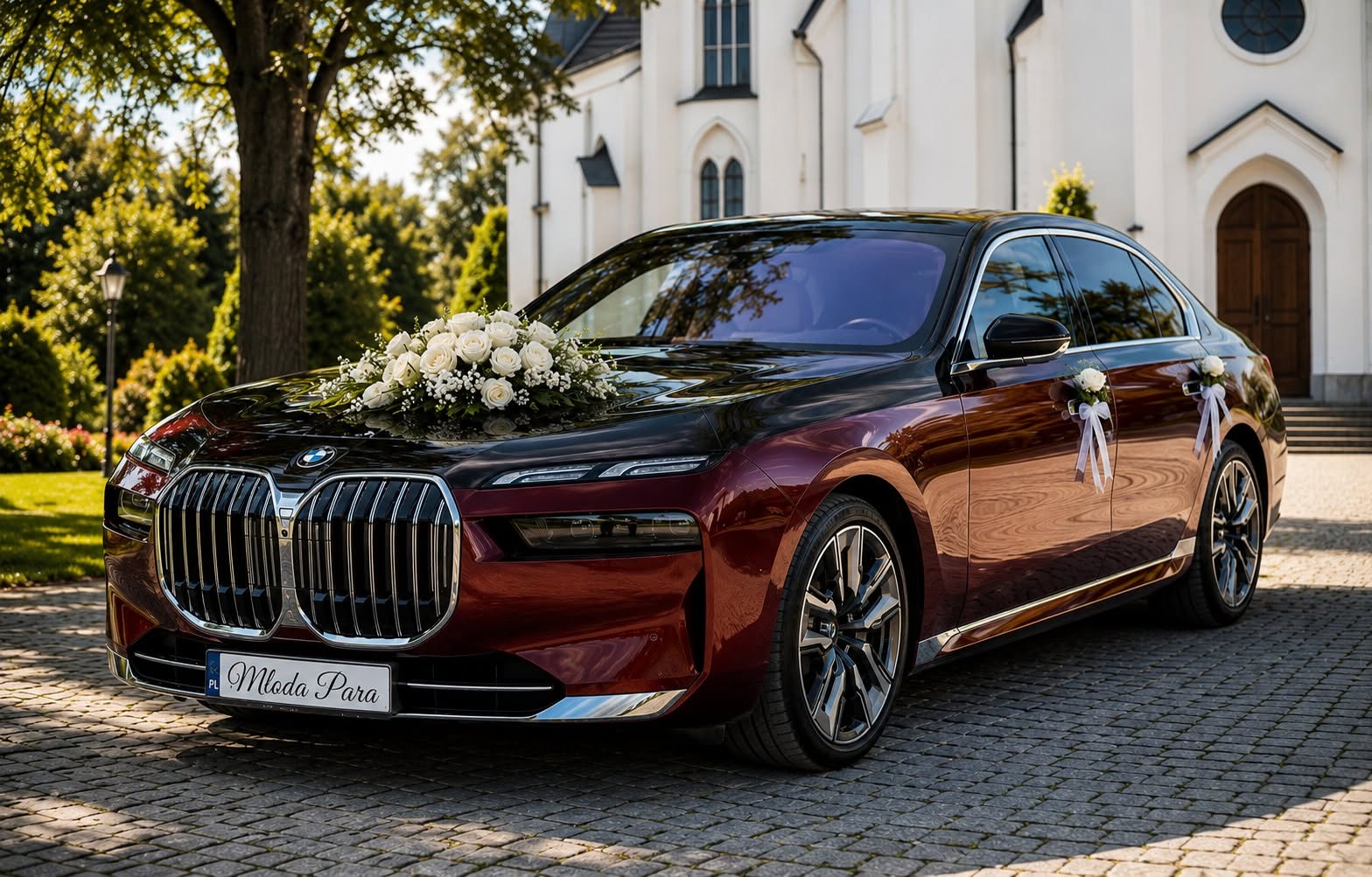 BMW Serii 7 Long w eleganckiej aranżacji ślubnej